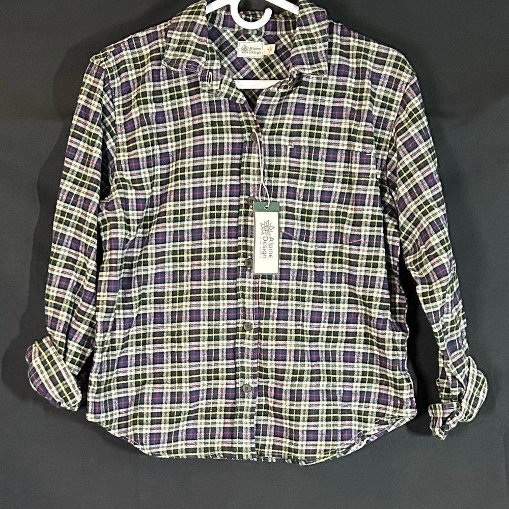 Alpine Design Women's Plaid Button Down Shirt - Purple and White